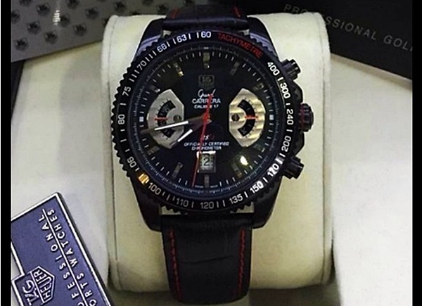 นาฬิกา Tag Heuer รุ่น Grand Carera Calibre 17 RS2 PVD สีดำ สายหนังสีดำเดินด้ายสีแดง หน้าปัดสีดำสวยสุดๆ