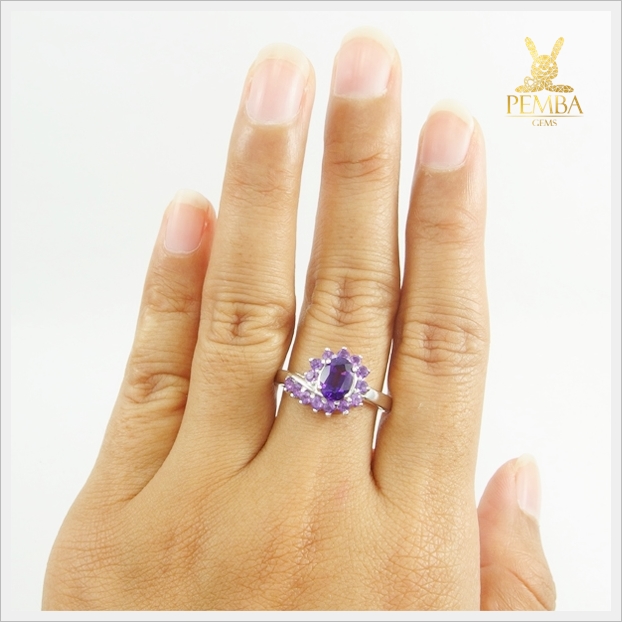 แหวนอเมทิสต์แท้ สีม่วงสวย เงินแท้ ชุบทองคำขาว แหวนพลอยแท้