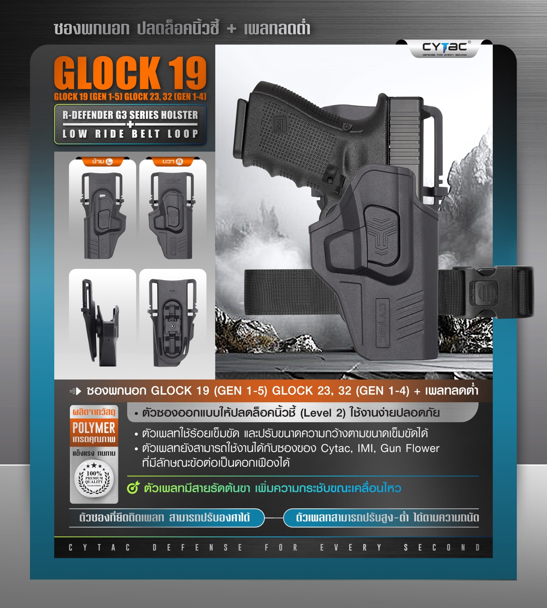 CYTAC thailand ซองพกนอก GL0CK 19 + เพลทลดต่ำ (ปลดล็อคนิ้วชี้)