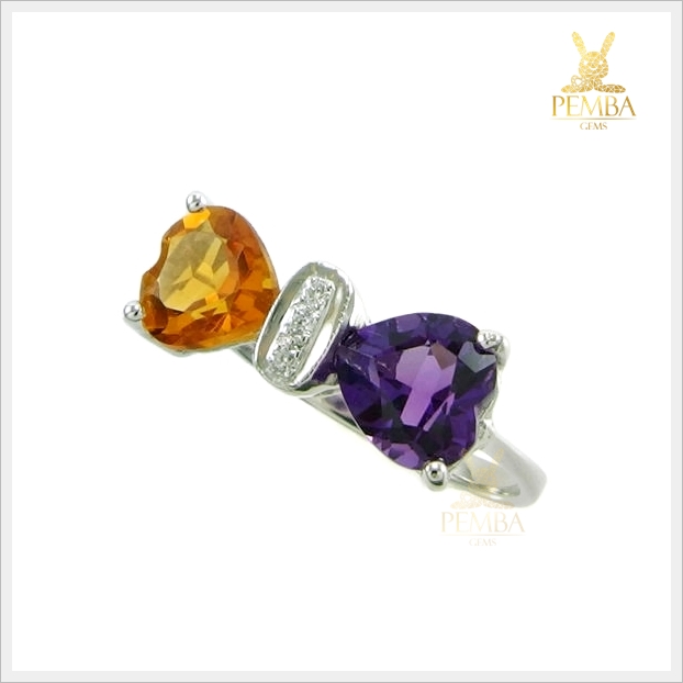 แหวนอเมทิสต์ ซิทริน ทรงหัวใจ สวยเก๋สะดุดตา เงินแท้ แหวนพลอยแท้