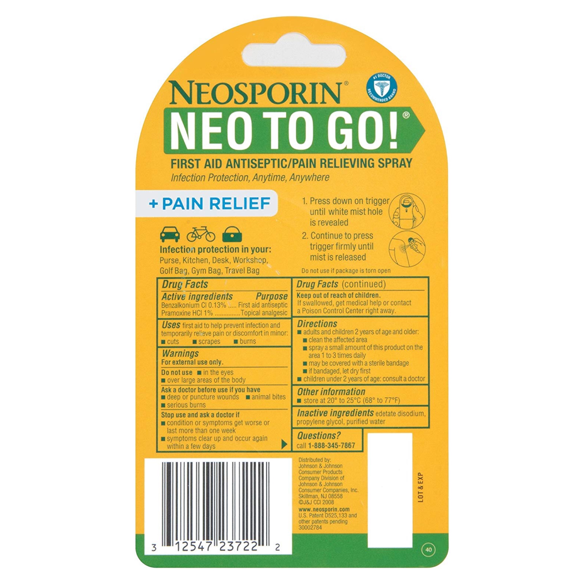 สเปรย์กำจัดเชื้อโรคและบรรเทาอาการปวดสำหรับบาดแผล Johnson & Johnson NEOSPORIN NEO To Go + Pain Relief