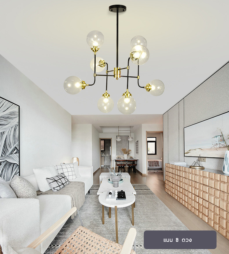โคมไฟแขวนเพดานโทนสีดำทองโป๊ะแก้วใสสไตล์ Nordic รุ่น [H-01]