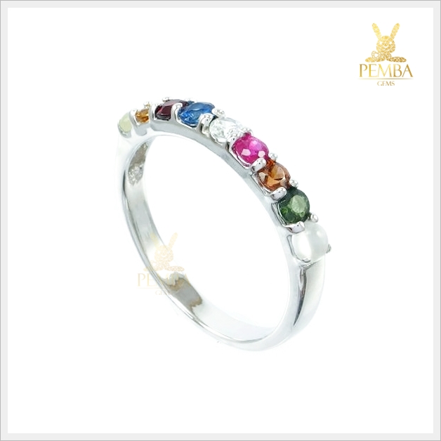 แหวนนพเก้า ตามตำราโบราณ เงินแท้925 ชุบทองคำขาว แหวนพลอยแท้