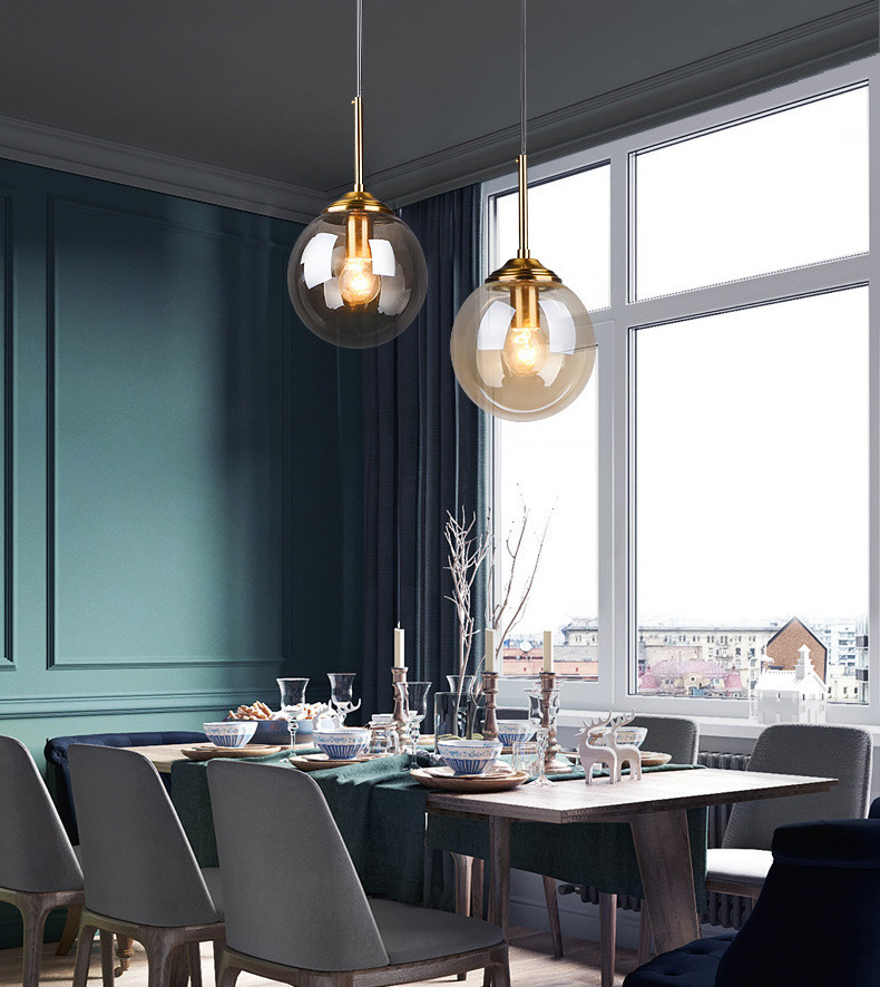 โคมไฟแขวนเพดานแก้วทรงกลม 15cm ก้านสีบรอนซ์ทอง [NE-4502]