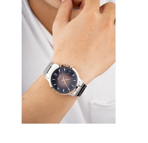 Karnvera Shop นาฬิกาข้อมือผู้ชาย Seiko Essentials Quartz Brown Dial Stainless Steel Men's Watch SGEH90P1