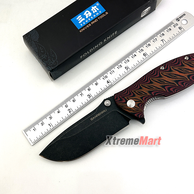 มีดพับ SANRENMU 1005 SRM-1005-GX ใบมีดสแตนเลส 9cr14mov ด้ามG10 ใบสีดำด้ามน้ำตาล จุดหมุนระบบตลับลูกปืน(Ball Bearing) เปิด-ปิด ลื่นมาก
