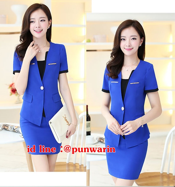 ชุดพนักงานคลินิกความงาม ชุดสูทสีน้ำเงิน ชุดพนักงานออฟฟิศ ชุดพนักงานต้อนรับแขนสั้น N6303002 ชมพู ,ดำ,ขาว,ม่วง S - 6XL