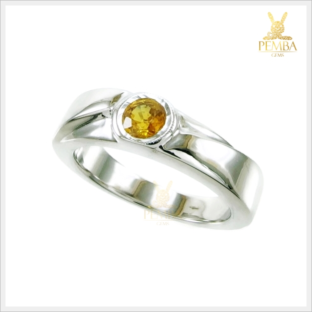 แหวนบุษราคัมแท้ เม็ดเดี่ยม เงินแท้925 ชุบทองคำขาว เรียบๆ แต่มีสไตล์