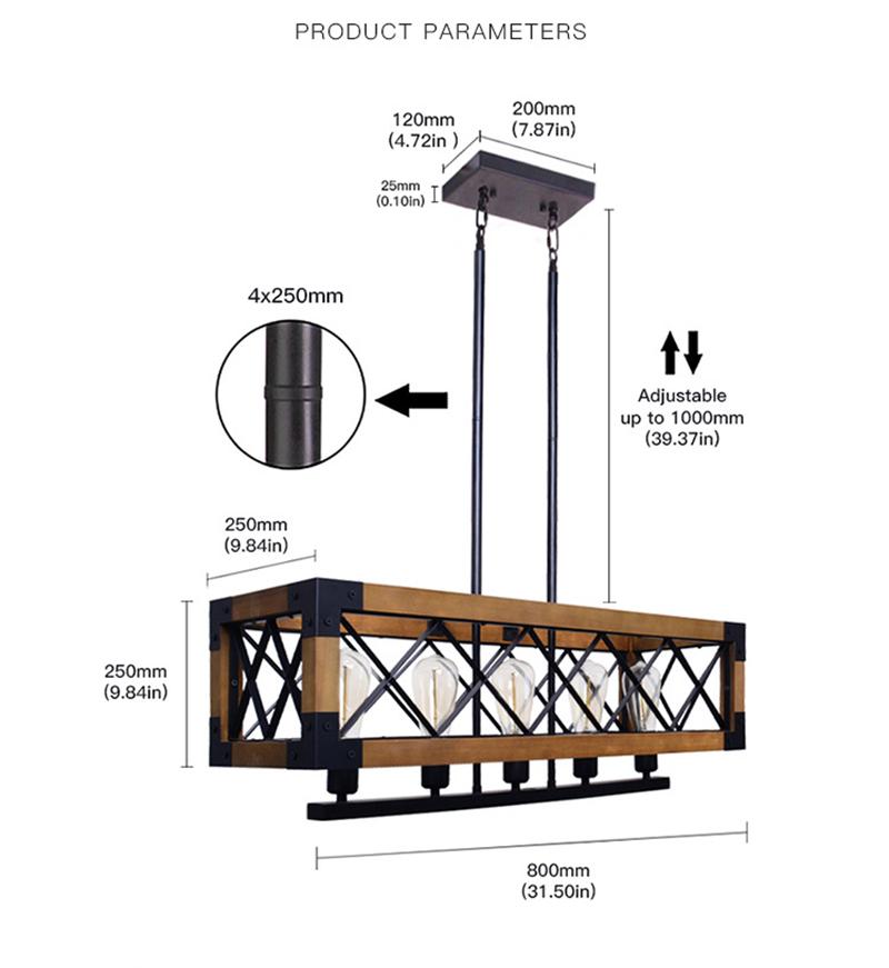 โคมไฟแขวนเพดานสไตล์ลอฟท์ไม้เหล็กทรงยาวไฟ 5 ดวง [D5002-5]