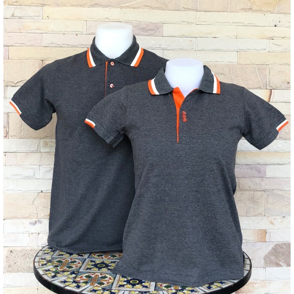 เสื้อฟอร์มพนักงาน เสื้อยืดปกโปโล เสื้อโปโลแขนสั้น สีเทาเข้มปกส้มขาว พร้อมส่ง SKU-03010 สีภาพ S-2XL