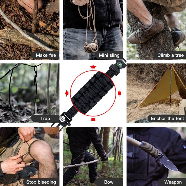 กำไลเชือกรัดข้อมือ สายรัดข้อมือมัลติฟังก์ชั่น 17 in 1 Paracord พร้อมไฟ LED เข็มทิศ และ Multitool Paracord Survival Bracelet (กรุณาระบุสี)