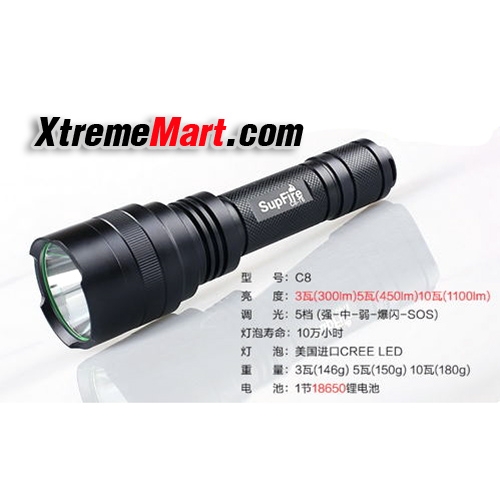 ชุดเซตไฟฉาย SupFire C8 T6 LED flashlight 1100LM 5 โหมด แสงสีขาว (สีดำ)
