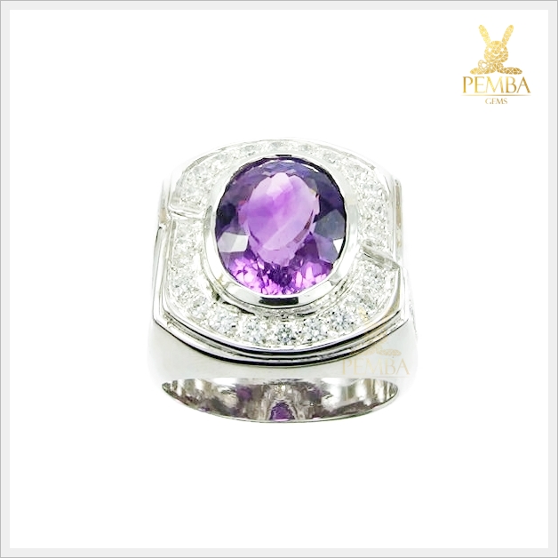 แหวนอเมทิสต์ ล้อมเพชรCZ เงินแท้925 ชุบทองคำขาว แหวนพลอยแท้