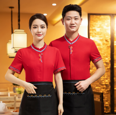 ชุดพนักงานภัตตาคารร้านอาหารจีนโรงน้ำชาญี่ปุ่นเกาหลี แขนสั้น F6705021 แดง ดำ ม่วง L -4XL