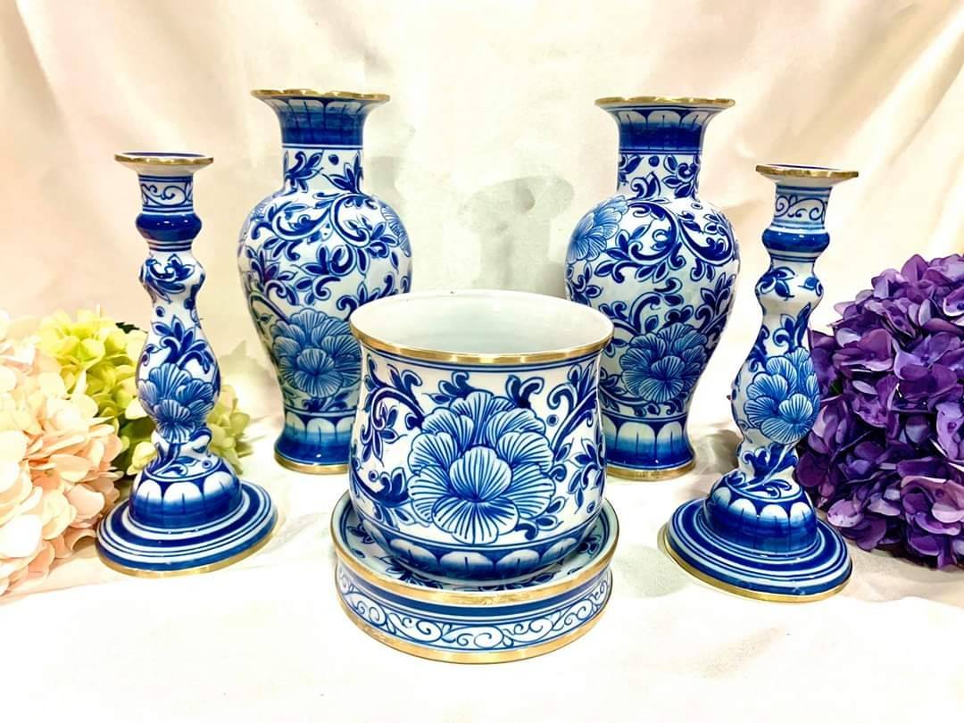 ครบชุด แจกันดอกไม้ เชิงเทียน โถ้กระถางธูป บูชาพระ งานเซรามิก ลายคราม เบญจรงค์ #ขอบทองเหลือง (ความสูง แจกัน 10นิ้ว) - (ขายปลีก ขายส่ง)