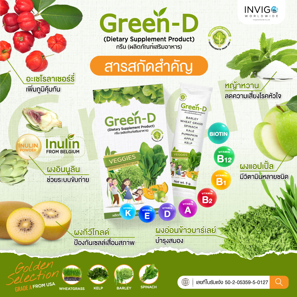 GreenD กรีนดี น้ำผัก วิตามิน ขับถ่าย ภูมิคุ้มกัน บำรุงสมอง นิวดี Invigo อินวีโก้