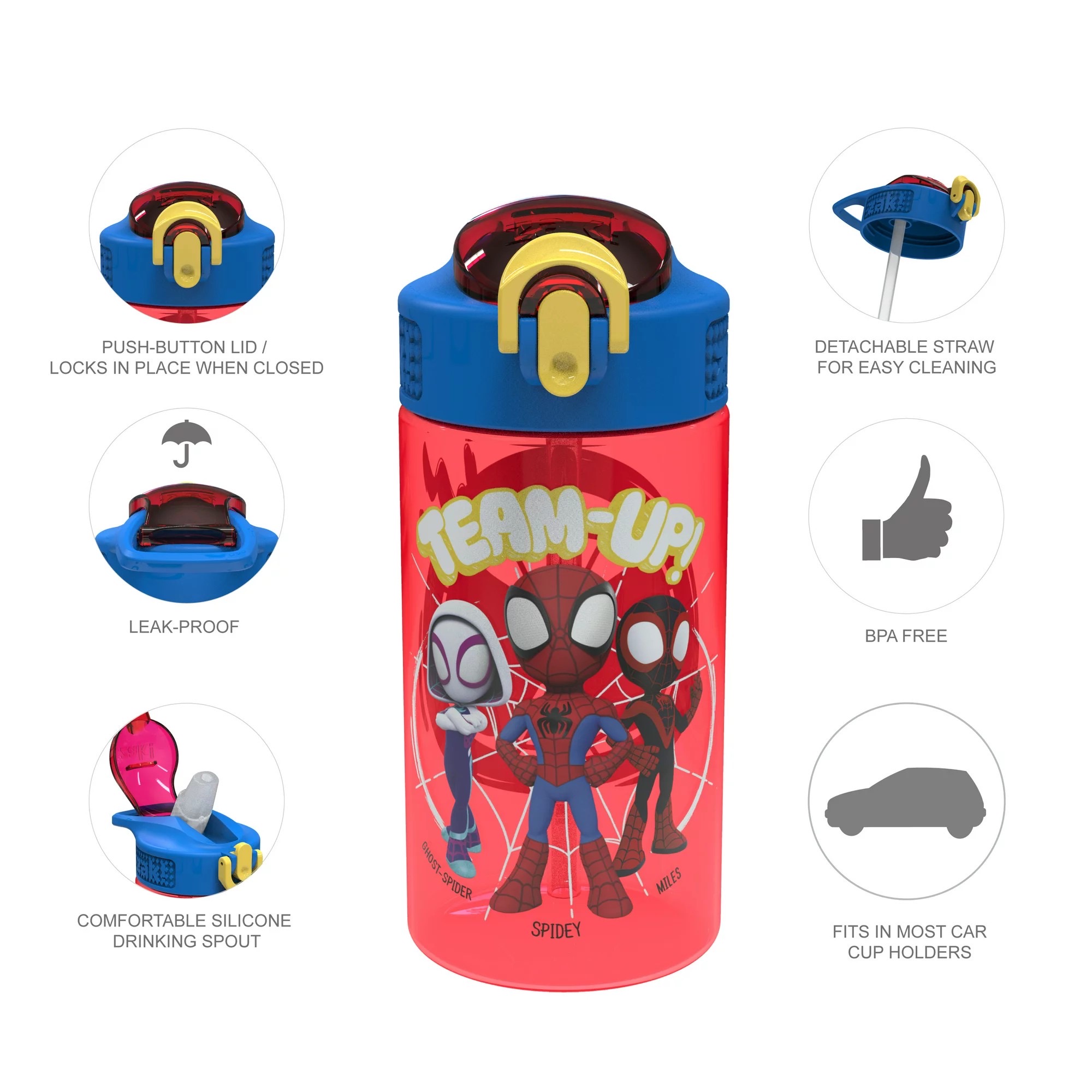 กระติกน้ำพร้อมหลอดดื่มสำหรับเด็ก Zak! Spidey & His Amazing Friends 16 Oz. Reusable Water Bottle with Straw