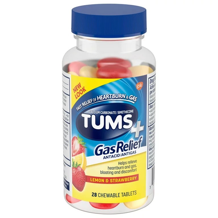 เม็ดเคี้ยวบรรเทาอาการกรดไหลย้อนและก๊าซในกระเพาะอาหาร TUMS Antacid Chewy Bites + Gas Relief - Lemon & Stawberry (28 Chewable Tablets)