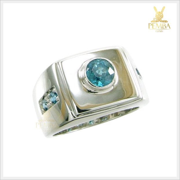 แหวนเพทายแท้ สีฟ้าเข้ม เงินแท้925 ชุบทองคำขาว เรียบๆ แต่มีสไตล์