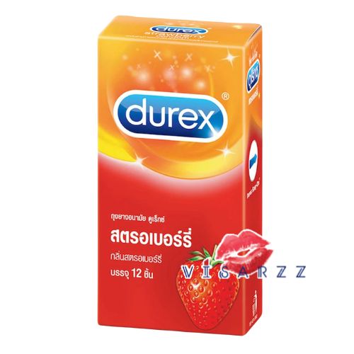 Exp.02/25 (12 ชิ้น / กล่อง) Durex Strawberry Condom 52.5 mm ถุงยางอนามัย ดูเร็กซ์ สตรอเบอร์รี่ กลิ่นสตรอเบอร์รี่ 52.5 มม