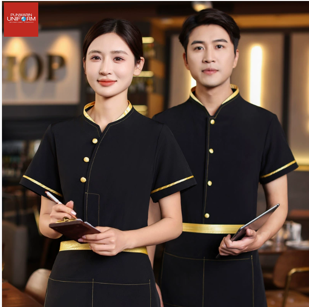 เสื้อฟอร์มพนักงานร้านอาหารกาแฟโรงแรม แขนสั้นผ้าฝ้ายคอจีน F6805005 ดำ แดง M-4XL