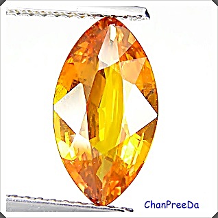 พลอยบุศราคัม (YELLOW SAPPHIRE) รูปมาคี น้ำหนัก 2.47 กะรัต ขนาดตามใบเซอร์ 6.82x12.55x3.78 มิล สีเหลืองออกส้ม เกือบจะเป็นสีแม่โขง มองตาเปล่าสะอาด