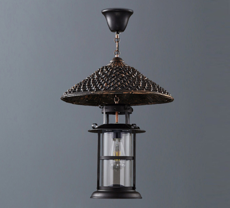 โคมไฟแขวนเพดานเหล็กสไตล์ย้อนยุคทรงหมวกฟางมีครอบแก้ว [LF-8710]