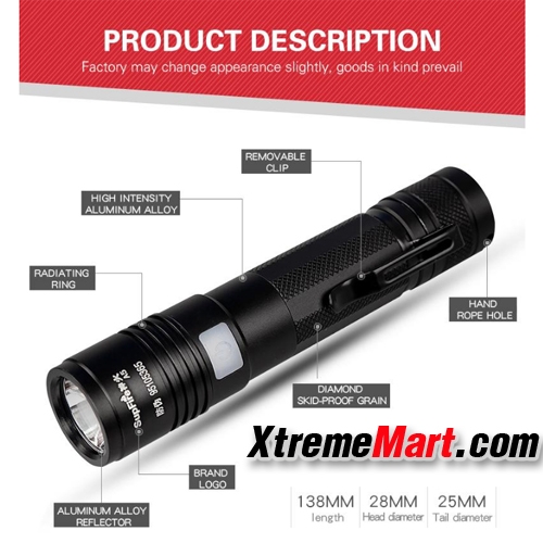 ชุดเซตไฟฉาย SuperFire A5-L2 1100LM 5-Mode USB rechargeable LED Flashlight (Black)
