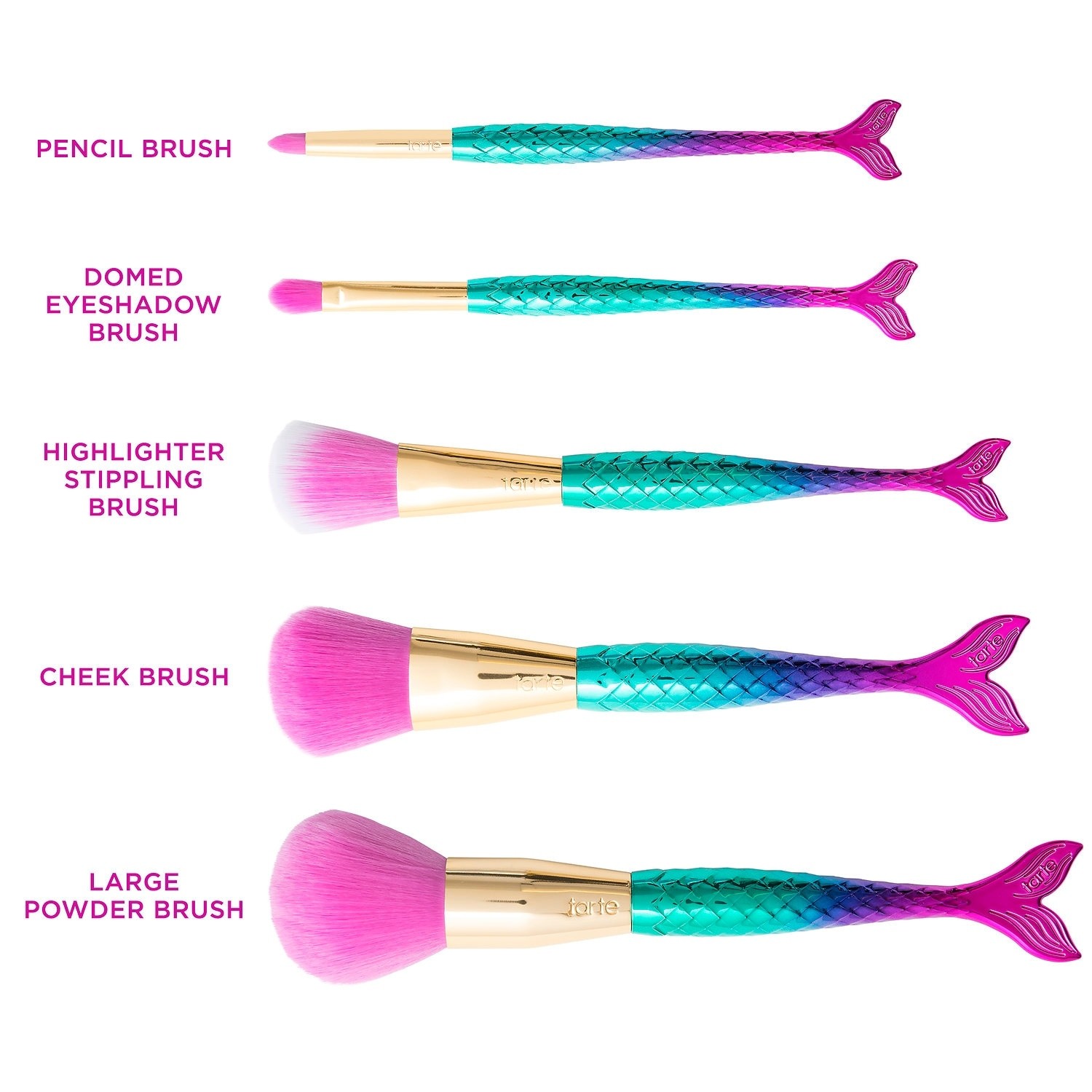 Tarte Minutes to Mermaid Brush Set 5 Items เซ็ทแปรงแต่งหน้า 5 ชิ้นสุดน่ารัก ด้ามแปรงเป็นหางนางเงือก ให้คุณสาวๆ ได้เนรมิตเมคอัพลุคสวยในแต่ละวันด้วยขนแปรง vegan ฟูนุ่มสบายผิว จึงไม่ก่อให้เกิดการระคายเคืองแม้ในผิวบอบบาง