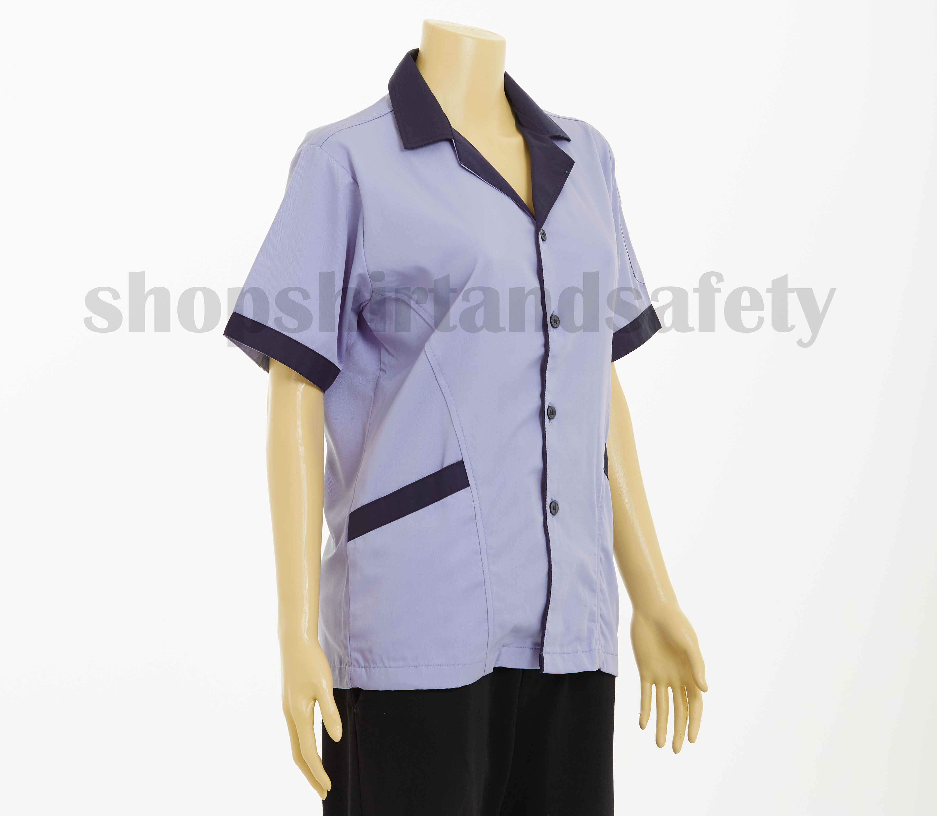 เสื้อแม่บ้านแขนสั้นคอฮาวายแบบสีฟ้าอมม่วงปกน้ำตาล