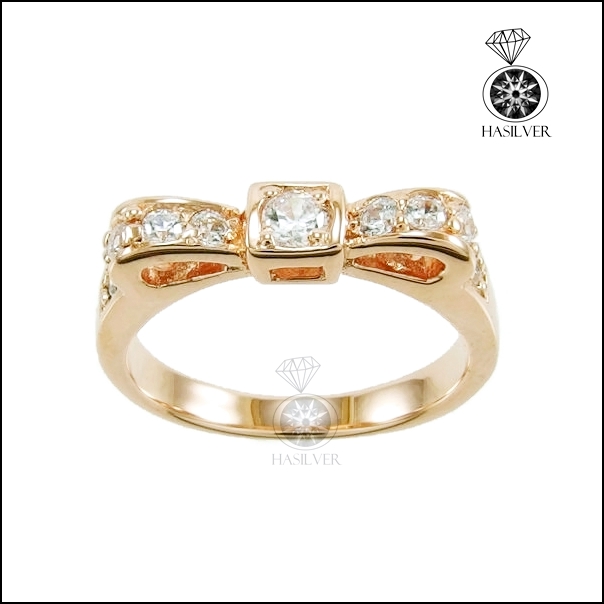 แหวนเงินแท้ 925 ชุบ Pink gold รูปโบว์ ฝังเพชร CZ สีขาว
