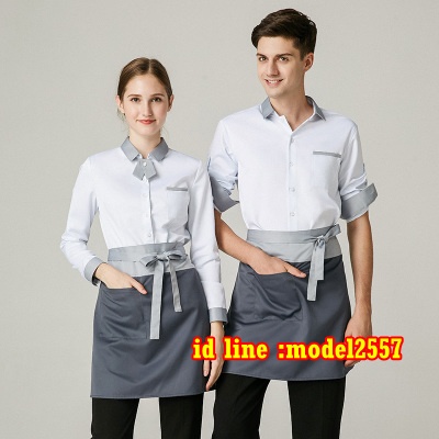 F6109001 เสื้อพนักงานต้อนรับพนักงานเสริฟเสื้อพนักงานโรงแรมนรีสอร์ทเสื้อเชิ้ตสีขาวสลับเทา F6109001 ขาวขลิปเทา S M L,XL,XXL