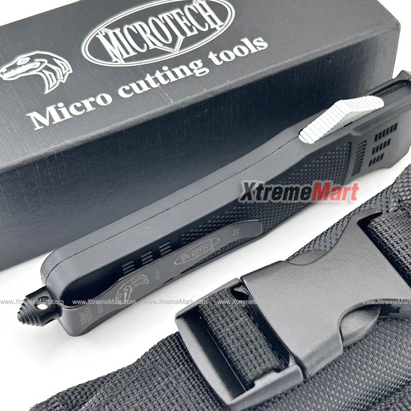 มีดสปริงตรง คม 2 ด้าน Microtech Combat Troodon ขนาดใหญ่ คลิปสีดำ 00556 D/E Automatic Knife Camping Tool (Dual Front)