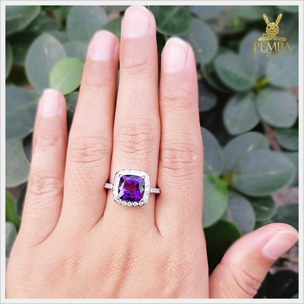 แหวนอเมทิสต์แท้ ล้อมเพชรCZ อย่างสวยงาม โดดเด่นสะดุดตา