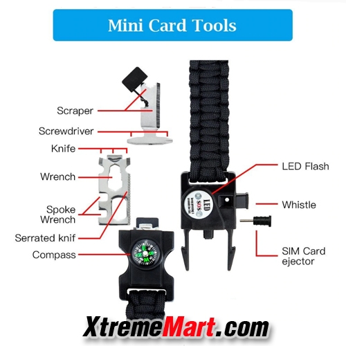 กำไลเชือกรัดข้อมือ สายรัดข้อมือมัลติฟังก์ชั่น 17 in 1 Paracord พร้อมไฟ LED เข็มทิศ และ Multitool Paracord Survival Bracelet (กรุณาระบุสี)