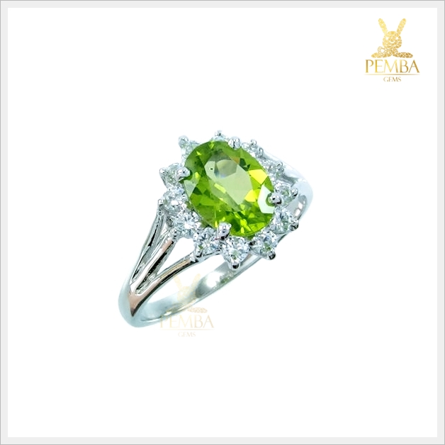 แหวนเพริดอตแท้ สีเขียวสวยใส เงินแท้925 ชุบทองคำขาว แหวนพลอยแท้