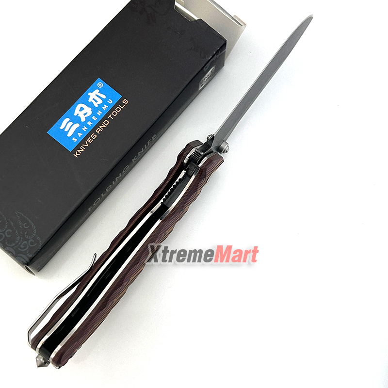 มีดพับ SANRENMU 1005 SRM-1005-GX ใบมีดสแตนเลส 9cr14mov ด้ามG10 ใบสีดำด้ามน้ำตาล จุดหมุนระบบตลับลูกปืน(Ball Bearing) เปิด-ปิด ลื่นมาก