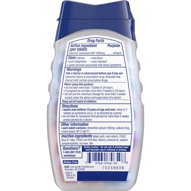 เม็ดเคี้ยวบรรเทาอาการกรดไหลย้อน TUMS Antacid Ultra Strength 1000 - Assorted Berries (72 Chewable Tablets)