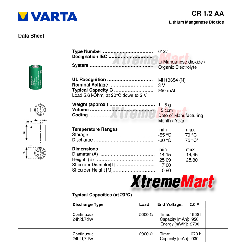 แบตเตอรี่ลิเธี่ยม VARTA CR1/2AA 3V 14250 Lithium Battery (ก้อนละ)