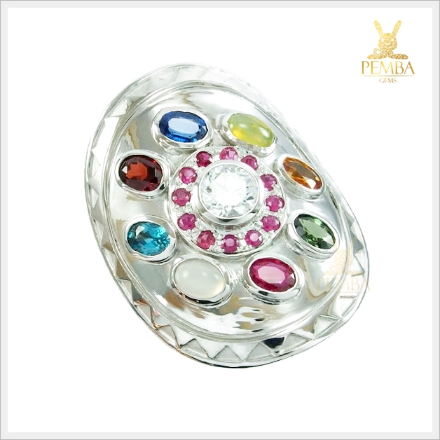 แหวนนพเก้า ตามตำรา เงินแท้925 ชุบทองคำขาว ไซส์ใหญ่พิเศษ