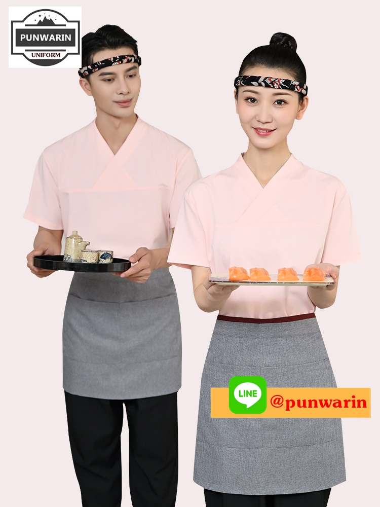 ชุดซูชิกิโมโนสไตร์ญี่ปุ่นเสริฟ สำหรับห้องอาหารญี่ปุ่นเกาหลีจีน เสื้อเชฟ พ่อครัว บริกร เสื้อซูชิ G6505006 สีภาพ S-2XL