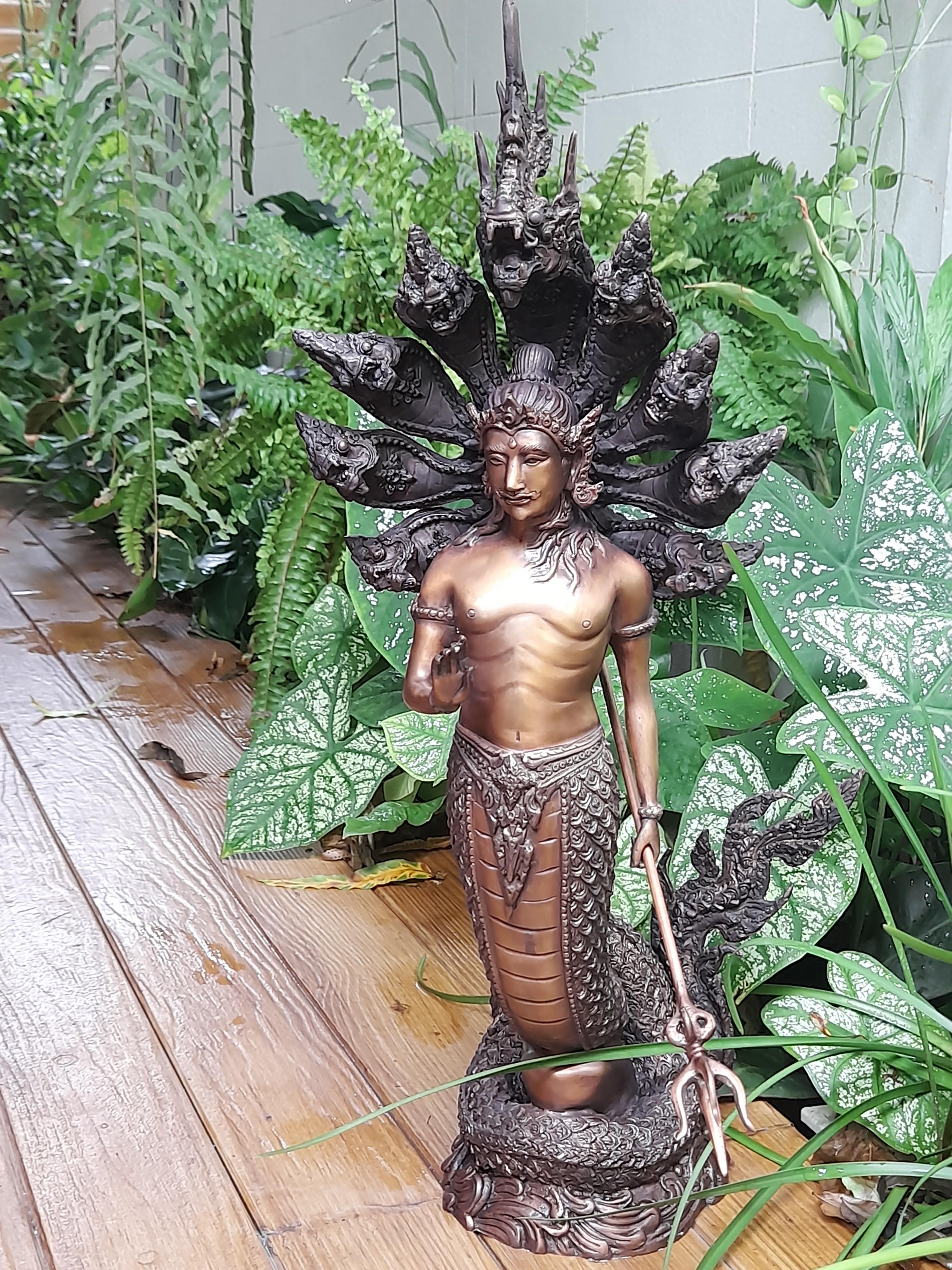 รูปหล่อ พญานาคราช ปาง ประทานพร มนุษย์ ครึ่งพญานาค นาคปรก 9หัว เศียร เนื้อทองเหลือง สีสัมฤทธิ์ (สูง22นิ้ว) (งานพรีออเดอร์สั่งทำ 2เดือน)