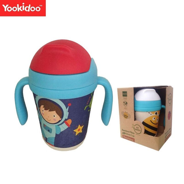 แก้วบรรจุเครื่องดื่มแบบหลอดพร้อมมือจับชนิดปลอดสารพิษ Yookidoo Natural Bamboo Fibre Straw Cup (Space Adventure)