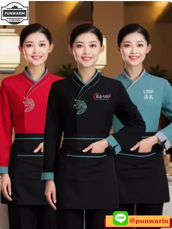 เสื้อพนักงานเสริฟเสื้อพนักงานโรงแรม เสื้อพนักงานร้านอาหารไทยสไตล์จีนญี่ปุ่นเกาหลี FA6701001 แดง ดำ เขียวtiffany L-4XL
