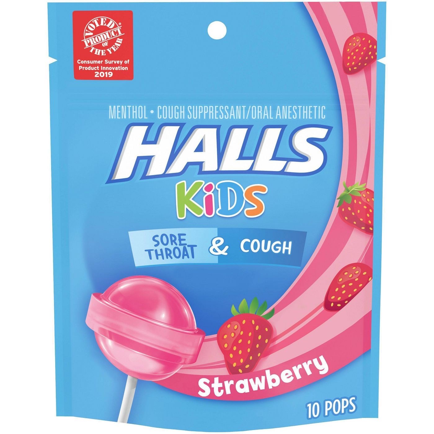 อมยิ้มบรรเทาอาการไอระคายคอสำหรับเด็ก HALLS Kids Sore Throat & Cough Pops (Strawberry)