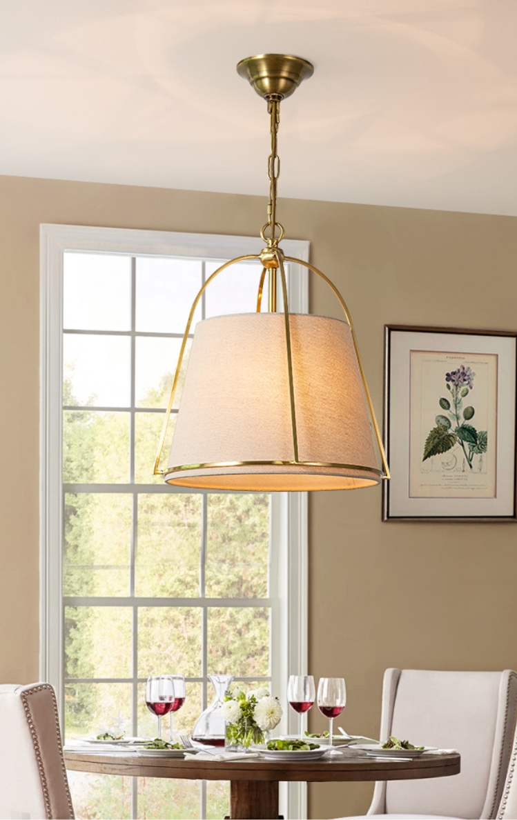 โคมไฟแขวนเพดานสไตล์คลาสสิควินเทจ โครงเหล็กสีทองโป๊ะผ้าโทนสีลินิน ทรงระฆังคว่ำ [D9399-4]