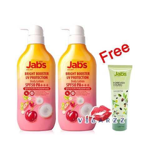 (ขวดส้มแพคคู่ Jabs x 2 ขวด + ครีมทามือ 1 หลอด) Jabs Bright Booster UV Protection Body Lotion SPF50 PA+++ 450mL x 2 ขวด