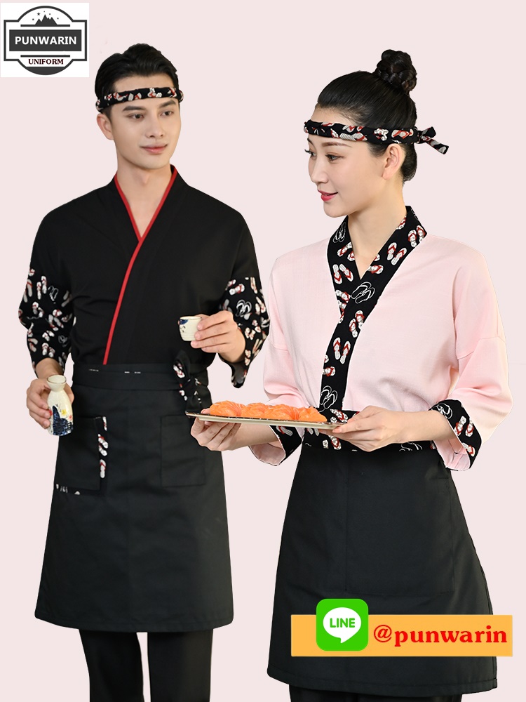 ชุดซูชิกิโมโนสไตร์ญี่ปุ่นเสริฟ สำหรับห้องอาหารญี่ปุ่นเกาหลีจีน เสื้อเชฟ พ่อครัว บริกร เสื้อซูชิ G6505008 สีภาพ S-2XL
