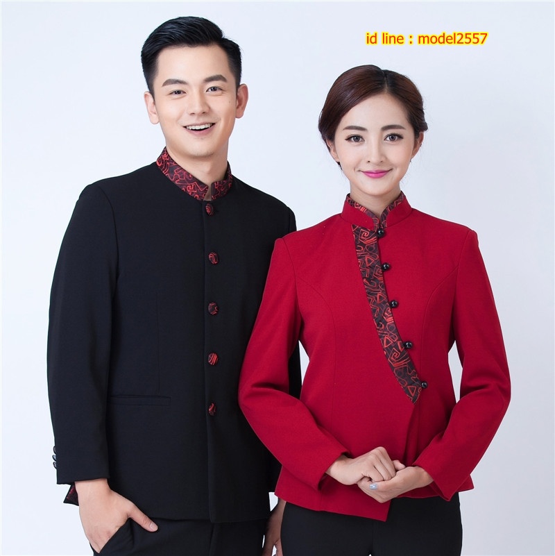 F6105015 เสื้อฟอร์มพนักงานต้อนรับ เสริฟร้านอาหารกาแฟโรงแรม แขนยาว F6105015 ดำ แดง L,XL,XXL,3XL