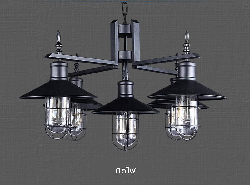 โคมไฟแขวนเพดานเหล็กดัดครอบแก้ว แบบ 5 ดวง สีดำ [MY149]